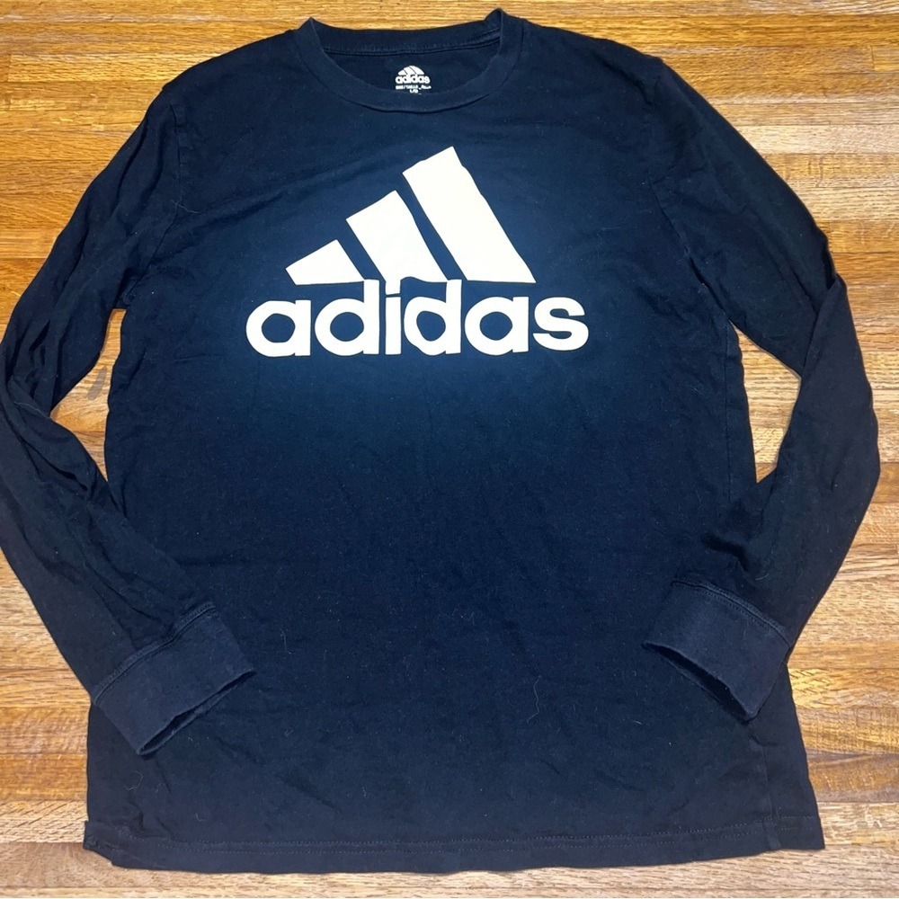 Adidas Youth XL (14/16) Black White Graphic Logo Long Sleeve Crew Neck Shirt